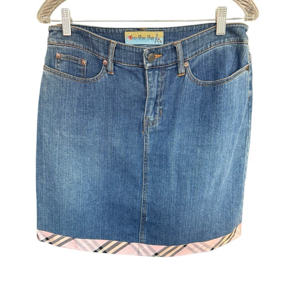 Too She She Skirt Womens Denim Plaid Trim Bow 6 Bohemian Whimsical Feminine